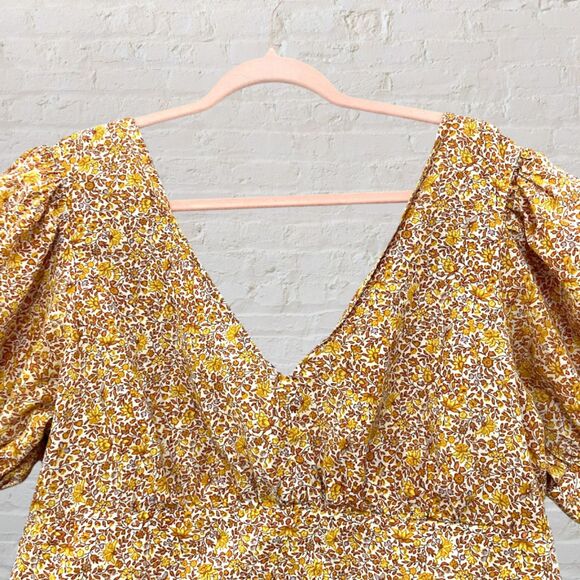 โจ J.Crew Deep V Puff Sleeve Blouse 16 ๐ Yellow Floral Peplum Cotton Blend ๐ธ - Picture 4 of 14